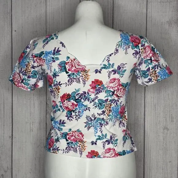 Vintage 90s Next Era Floral Cotton Top Scalloped Neckline, sz Large - Picture 4 of 6